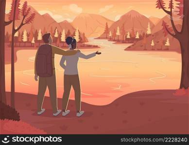 Lake vacation destination flat color vector illustration. Relaxing in nature. Mountain lake resort. Man and woman enjoying scenery 2D simple cartoon characters with spruces and sunset on background. Lake vacation destination flat color vector illustration