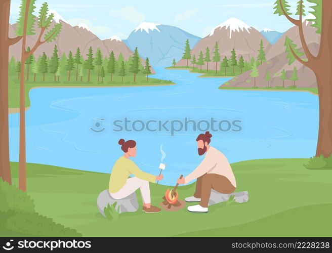 Lake vacation flat color vector illustration. Family-friendly area for retreat. Couple roasting marshmallows on sticks 2D simple cartoon characters with wilderness mountains and spruces on background. Lake vacation flat color vector illustration