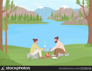Lake vacation flat color vector illustration. Family-friendly area for retreat. Couple roasting marshmallows on sticks 2D simple cartoon characters with wilderness mountains and spruces on background. Lake vacation flat color vector illustration