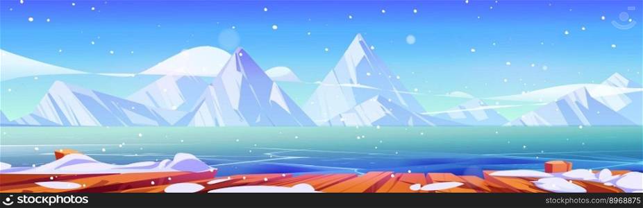 Lake with ice, wood pier and mountains in winter. Landscape with frozen river water, snow on wooden berth or embankment and white rocks on horizon, vector cartoon illustration. Lake with ice, wood pier and mountains in winter