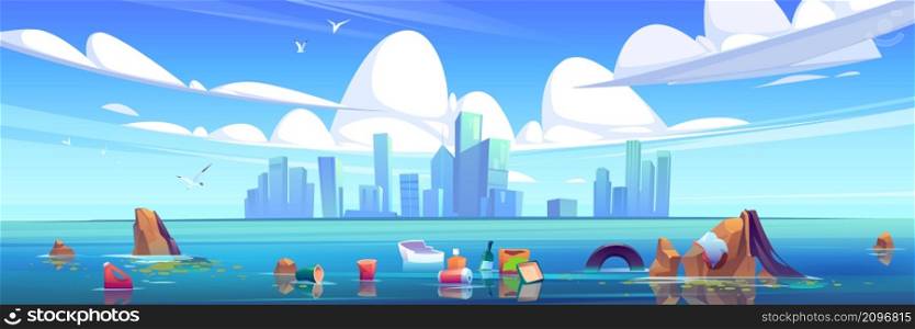 Lake with plastic trash floating in water and city buildings on skyline. Vector cartoon illustration of sea pollution by waste and garbage. Landscape with skyscrapers on horizon and polluted river. Lake with plastic trash in water and city