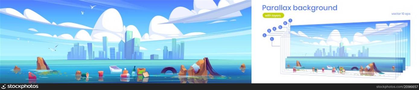 Lake with plastic trash in water and city buildings on skyline. Vector parallax background for 2d animation with cartoon illustration of sea pollution by waste and garbage. Parallax background with lake with trash in water