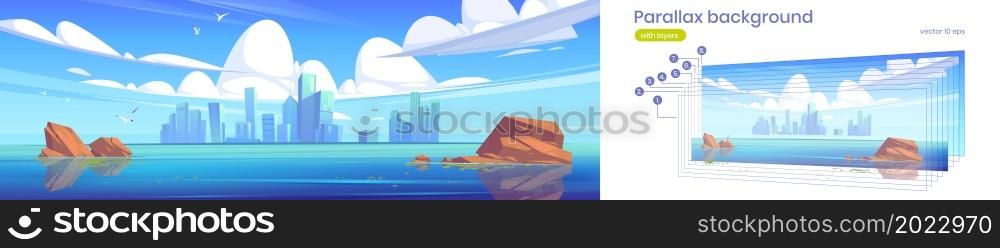 Lake with stones in water and city buildings on skyline. Vector parallax background for 2d animation with cartoon illustration of sea landscape with skyscrapers on horizon. Parallax background with lake and city on skyline