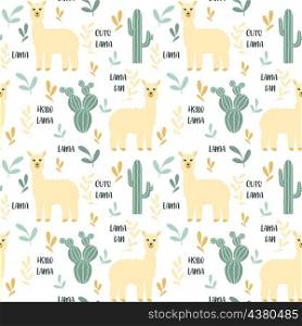 Lama and cacti seamless pattern vector illustration. Background with Alpaca, leaves and inscriptions. Template for wallpaper, fabric, design baby clothes and rooms. Lama and cacti seamless pattern vector illustration