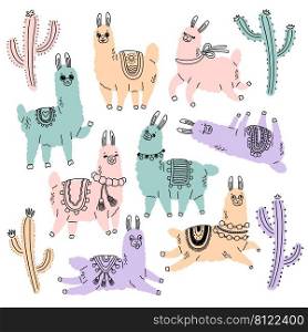 Lama and cactus color doodle vector illustration