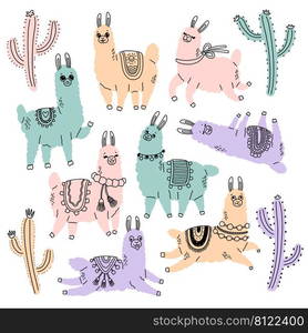 Lama and cactus color doodle vector illustration