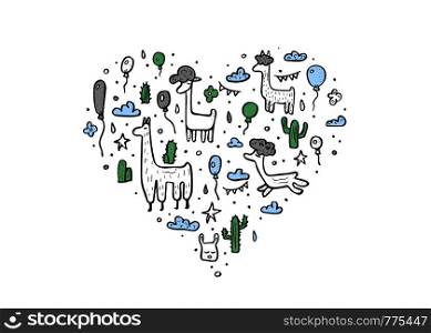 Lama heart concept. Composition in doodle style. Vector illustration.