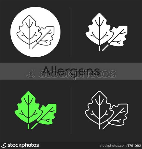 Lambs quarters dark theme icon. Cause of allergic reaction. Lambsquarters, goosefoot leaves. Allergy for plant. Linear white, simple glyph and RGB color styles. Isolated vector illustrations. Lambs quarters dark theme icon