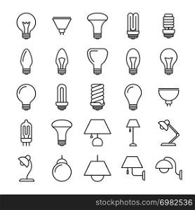 Lamp and light bulbs line icons collection. Light lamp variation, table and wall illustration vector. Lamp and light bulbs line icons collection
