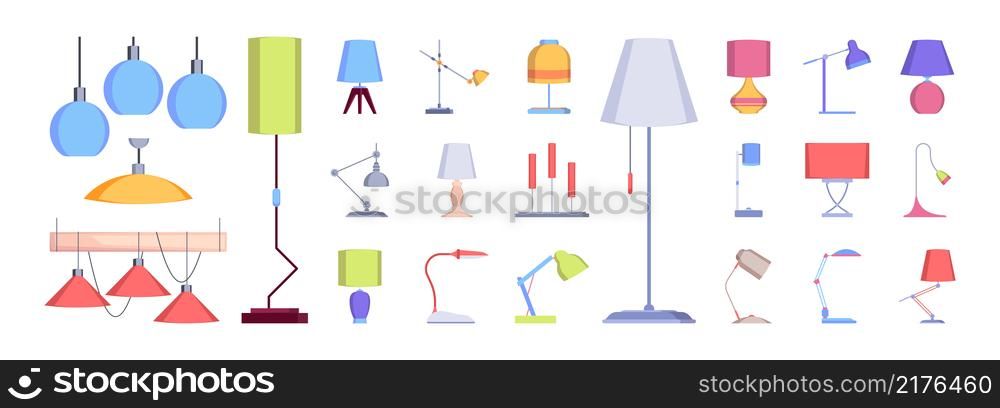 Lamp collection. Flat interior lighting decoration modern lamp antique chandelier garish vector pictures set isolated. Illustration interior chandelier lamp and lantern. Lamp collection. Flat interior lighting decoration modern lamp antique chandelier garish vector pictures set isolated