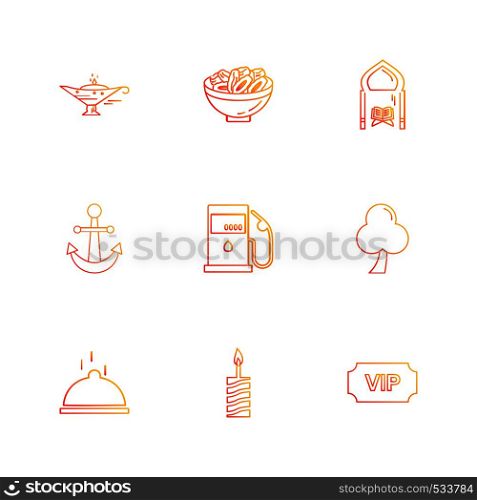lamp , dates , mosque , anchor , petrol pump , tree , ticket , candle , dish ,icon, vector, design, flat, collection, style, creative, icons