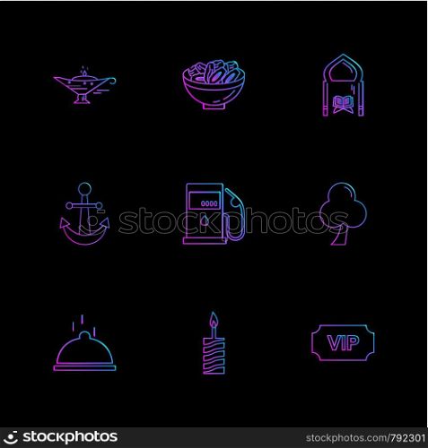 lamp , dates , mosque , anchor , petrol pump , tree , ticket , candle , dish ,icon, vector, design, flat, collection, style, creative, icons