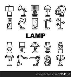 Lamp Equipment For Illuminate Icons Set Vector. Vintage And Modern Led Lamp Electrical Tool For Illuminate Room, Bed Table And Workspace Desk Elegant Light Technology Color Illustrations. Lamp Equipment For Illuminate Icons Set Vector