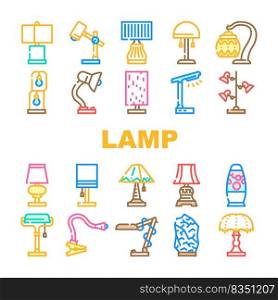 Lamp Equipment For Illuminate Icons Set Vector. Vintage And Modern Led Lamp Electrical Tool For Illuminate Room, Bed Table And Workspace Desk Elegant Light Technology Color Illustrations. Lamp Equipment For Illuminate Icons Set Vector