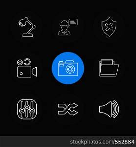 lamp , light , sheild , avtar , speaker, camcoder ,equilizer , camera , folder, arrows , icon, vector, design, flat, collection, style, creative, icons
