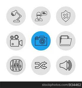 lamp , light , sheild , avtar , speaker, camcoder ,equilizer , camera , folder, arrows , icon, vector, design, flat, collection, style, creative, icons