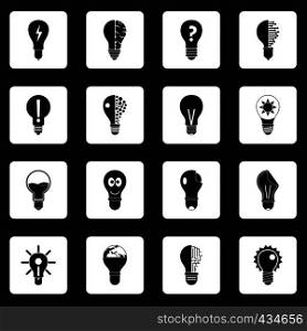Lamp logo icons set in white squares on black background simple style vector illustration. Lamp logo icons set squares vector