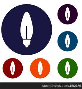 Lamp oval shape icons set in flat circle reb, blue and green color for web. Lamp oval shape icons set