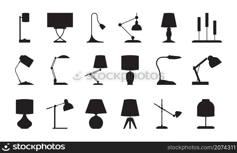 Lamp silhouettes. Lighting symbols collection accessories for modern interiors room standing lamps garish vector pictures set. Silhouette black and white, interior flexible lamp for home or office. Lamp silhouettes. Lighting symbols collection accessories for modern interiors room items standing lamps garish vector pictures set