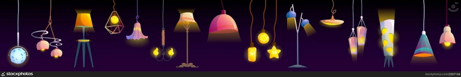 Lamps, ceiling and floor glowing electric bulbs, incandescent modern light equipment, lightbulbs, torchere of different shapes and design isolated on black background. Cartoon vector illustration, set. Lamps, ceiling and floor glowing electric bulbs