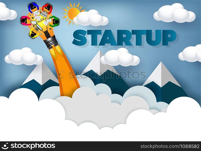 lamps launch to the sky, Businessmen help to brainstorm modern. start up business concept ,Financial ideas are competing for success and corporate goals. Highly competitive. vector paper art