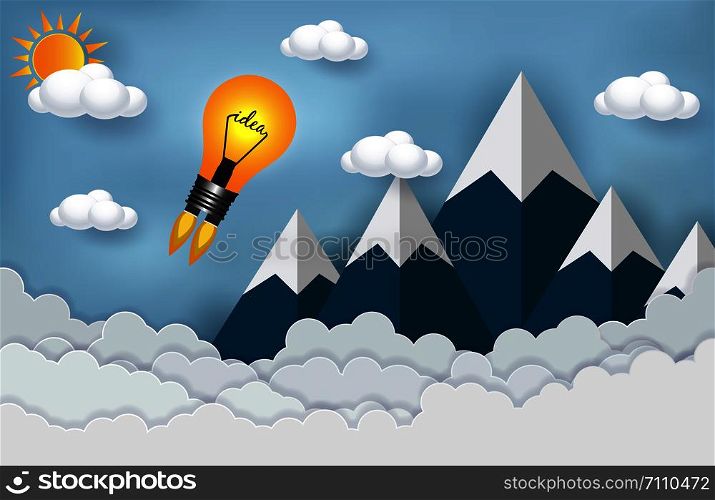 lamps launch to the sky. Cloud Mountain. start up business concept ,Financial ideas are competing for success and corporate goals. vector illustration paper art