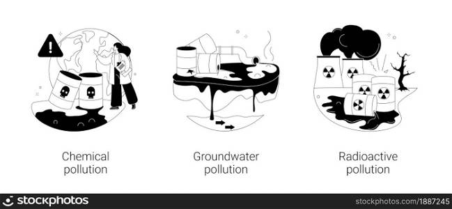 Land contamination abstract concept vector illustration set. Chemical groundwater pollution, radioactive hazardous waste, dangerous and toxic trash, environmental problem abstract metaphor.. Land contamination abstract concept vector illustrations.
