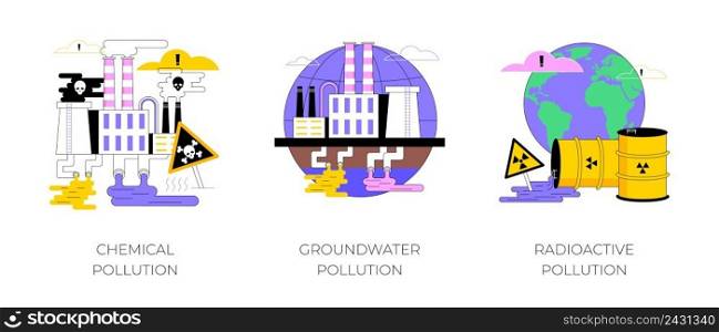 Land contamination abstract concept vector illustration set. Chemical groundwater pollution, radioactive hazardous waste, dangerous and toxic trash, environmental problem abstract metaphor.. Land contamination abstract concept vector illustrations.