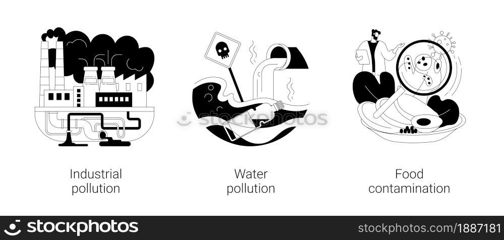 Land contamination abstract concept vector illustration set. Industrial pollution, water poisoning, food contamination, hazardous waste dumping, chemical pollution, food safety abstract metaphor.. Land contamination abstract concept vector illustrations.
