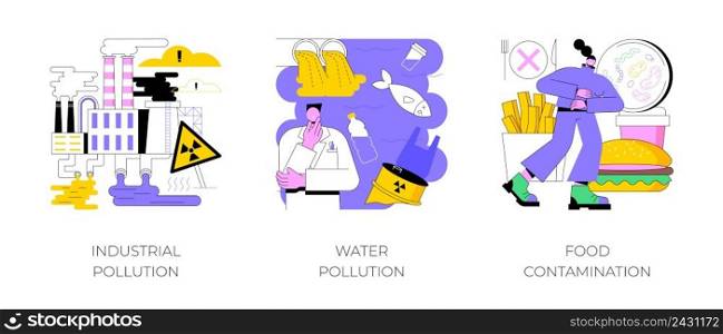Land contamination abstract concept vector illustration set. Industrial pollution, water poisoning, food contamination, hazardous waste dumping, chemical pollution, food safety abstract metaphor.. Land contamination abstract concept vector illustrations.