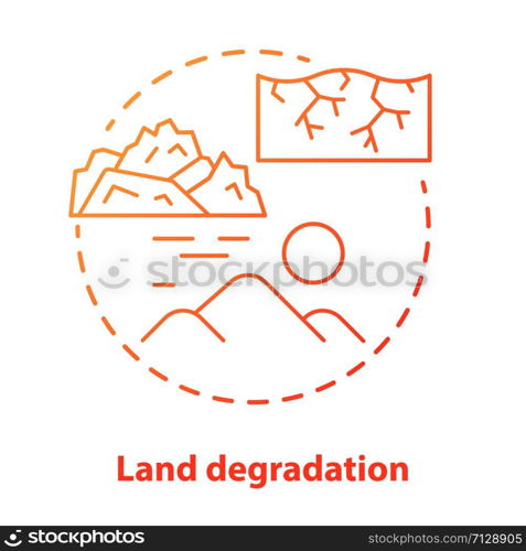 Land degradation concept icon. Soil impoverishment idea thin line illustration in red. Soil erosion and desertification process. Nonrenewable mineral resource. Vector isolated outline drawing