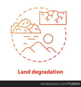 Land degradation concept icon. Soil impoverishment idea thin line illustration in red. Soil erosion and desertification process. Nonrenewable mineral resource. Vector isolated outline drawing