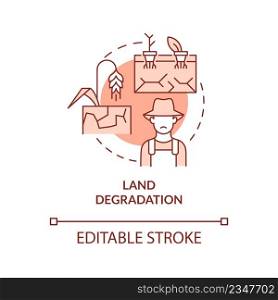 Land degradation red concept icon. Challenges to achieving food security abstract idea thin line illustration. Isolated outline drawing. Editable stroke. Arial, Myriad Pro-Bold fonts used. Land degradation red concept icon
