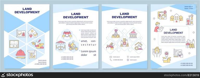 Land development blue brochure template. Improvement. Leaflet design with linear icons. Editable 4 vector layouts for presentation, annual reports. Arial-Black, Myriad Pro-Regular fonts used. Land development blue brochure template