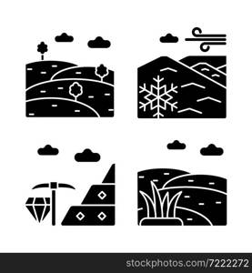 Land diversity black glyph icons set on white space. Natural ground elevation. Minerals mining industry. Grass field. Perennial ice and snow. Silhouette symbols. Vector isolated illustration. Land diversity black glyph icons set on white space