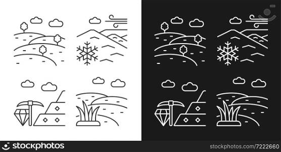 Land diversity linear icons set for dark and light mode. Natural ground elevation. Minerals mining industry. Customizable thin line symbols. Isolated vector outline illustrations. Editable stroke. Land diversity linear icons set for dark and light mode