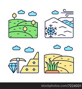 Land diversity RGB color icons set. Natural ground elevation. Minerals mining industry. Perennial ice. Isolated vector illustrations. Simple filled line drawings collection. Editable stroke. Land diversity RGB color icons set