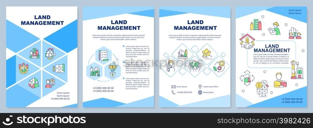 Land management blue brochure template. Safeguarding resources. Leaflet design with linear icons. 4 vector layouts for presentation, annual reports. Arial-Black, Myriad Pro-Regular fonts used. Land management blue brochure template