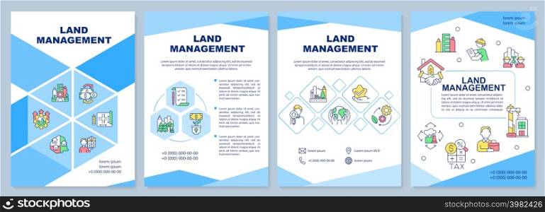 Land management blue brochure template. Safeguarding resources. Leaflet design with linear icons. 4 vector layouts for presentation, annual reports. Arial-Black, Myriad Pro-Regular fonts used. Land management blue brochure template
