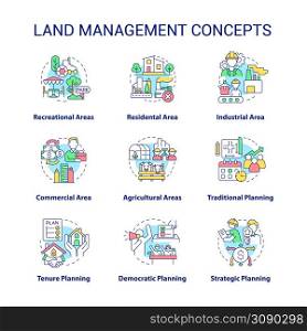 Land management concept icons set. Recreational and residential areas idea thin line color illustrations. Strategic plan. Isolated symbols. Editable stroke. Roboto-Medium, Myriad Pro-Bold fonts used. Land management concept icons set