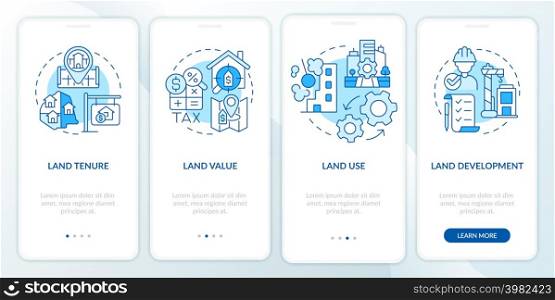 Land management practice blue onboarding mobile app screen. Walkthrough 4 steps graphic instructions pages with linear concepts. UI, UX, GUI template. Myriad Pro-Bold, Regular fonts used. Land management practice blue onboarding mobile app screen