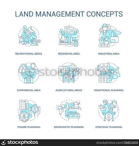 Land management turquoise concept icons set. Democratic planning idea thin line color illustrations. Strategic plan. Isolated symbols. Editable stroke. Roboto-Medium, Myriad Pro-Bold fonts used. Land management turquoise concept icons set