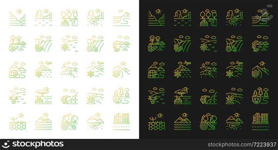 Land types gradient icons set for dark and light mode. Biome and region diversity. Climate zones. Thin line contour symbols bundle. Isolated vector outline illustrations collection on black and white. Land types gradient icons set for dark and light mode