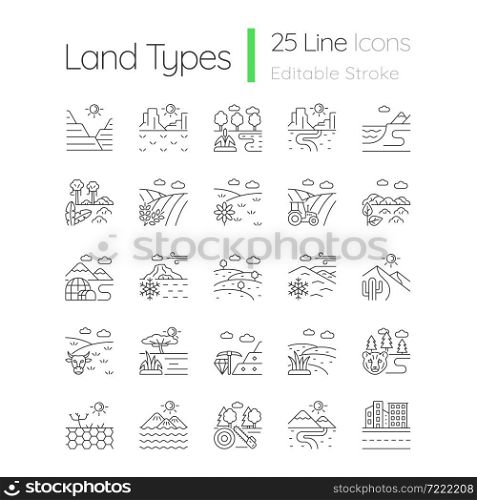Land types linear icons set. Biome diversity. Hot and cold climate zones. Agriculture and industry areas. Customizable thin line contour symbols. Isolated vector outline illustrations. Editable stroke. Land types linear icons set
