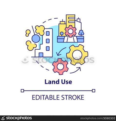 Land use concept icon. Land management system abstract idea thin line illustration. Residential and commercial buildings. Isolated outline drawing. Editable stroke. Arial, Myriad Pro-Bold fonts used. Land use concept icon