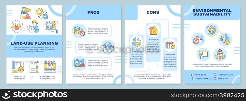 Land-use planning blue brochure template. Environmental sustainability. Leaflet design with linear icons. 4 vector layouts for presentation, annual reports. Arial-Black, Myriad Pro-Regular fonts used. Land-use planning blue brochure template