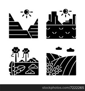 Landforms black glyph icons set on white space. Sediment and rock land formation. Plateau and loess. Hot climate region. Jungle and rainforest. Silhouette symbols. Vector isolated illustration. Landforms black glyph icons set on white space