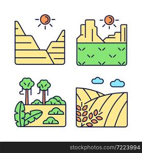 Landforms RGB color icons set. Sediment and rock land formation. Hot climate region. Jungle and rainforest. Isolated vector illustrations. Simple filled line drawings collection. Editable stroke. Landforms RGB color icons set