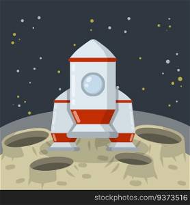 Landing and launching a rocket on the asteroid landscape. Stars and space flight. Moon. Space planet. Lunar surface with craters and dust.. Landing and launching a rocket