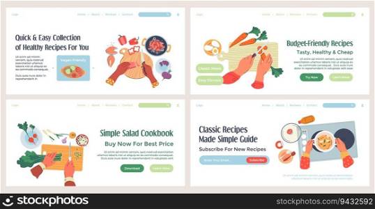 Landing banner set with cookbook advertising. Web page collection with flat person hands cook vegetarian food, vector illustration. Healthy recipes guide promo at website design. Landing banneer set with cookbook advetising